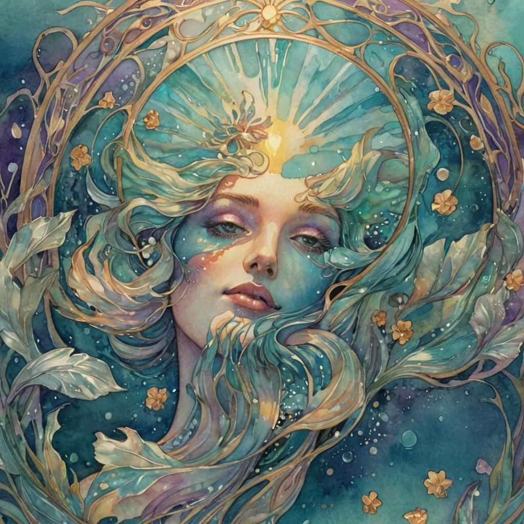 Iridescent Underwater Portrait in Art Nouveau Watercolor