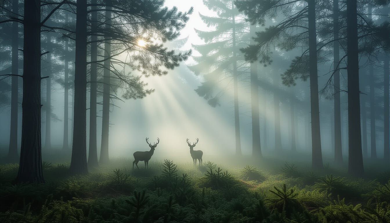 Misty Pine Forest with Deer and Soft Sunlight