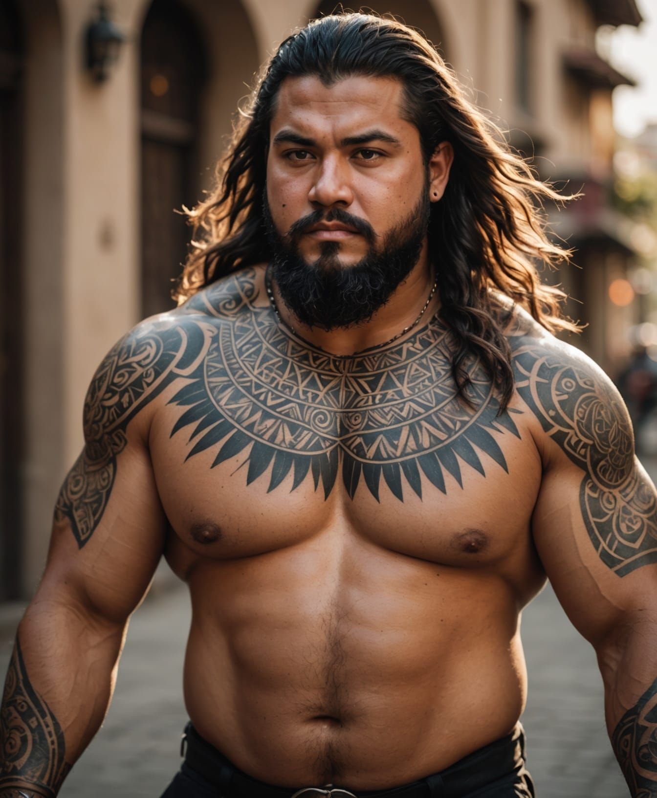 Heroic Latino With Aztec Tattoos in Natural Lighting