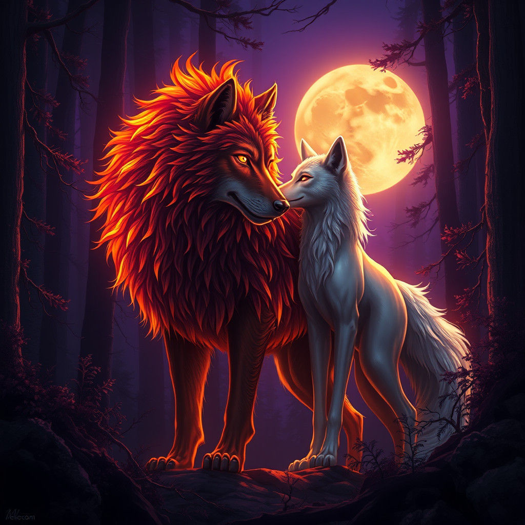 Fiery Alpha Wolf and Silver Luna in Dark Forest