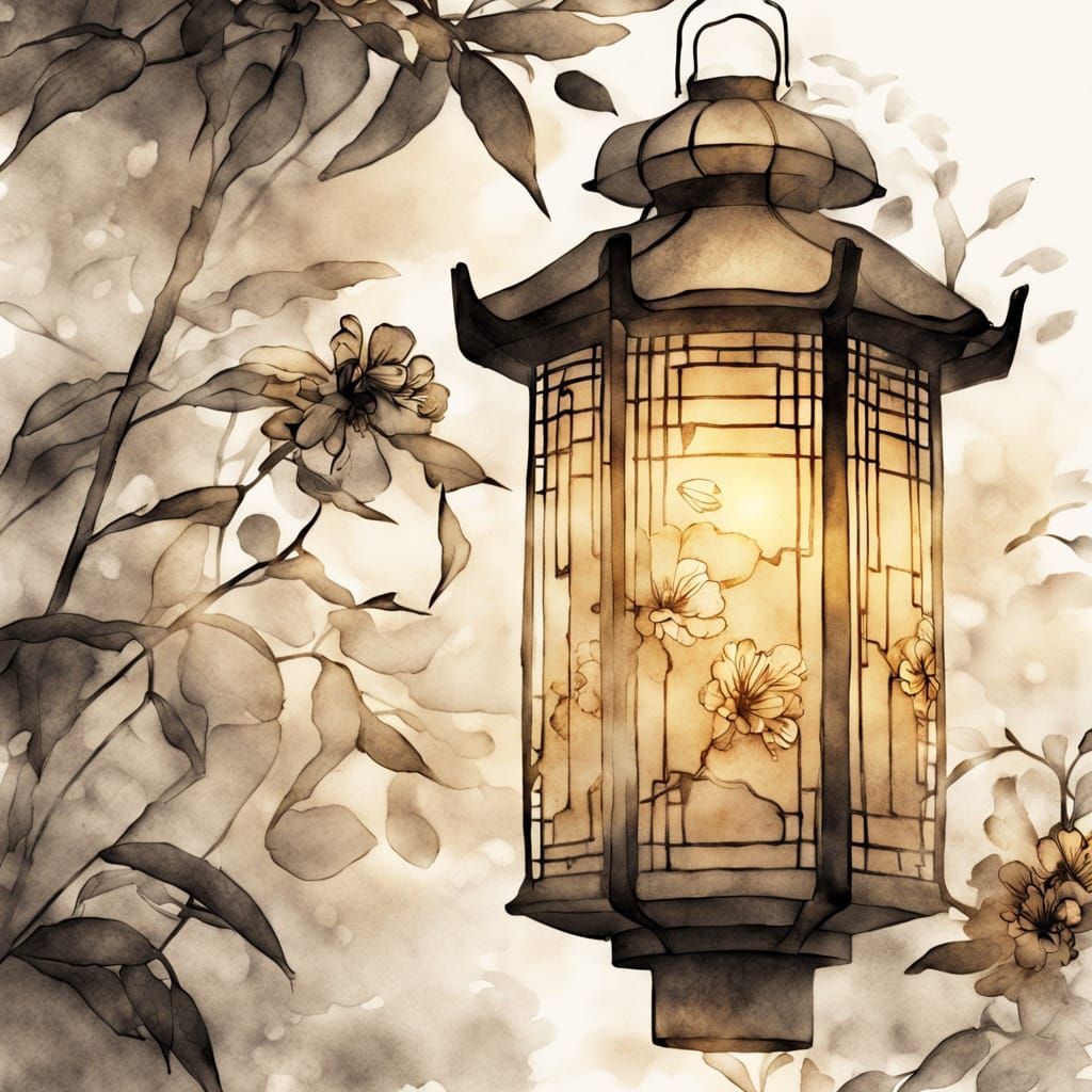 Japanese Lantern in Garden, Sumi-e Style