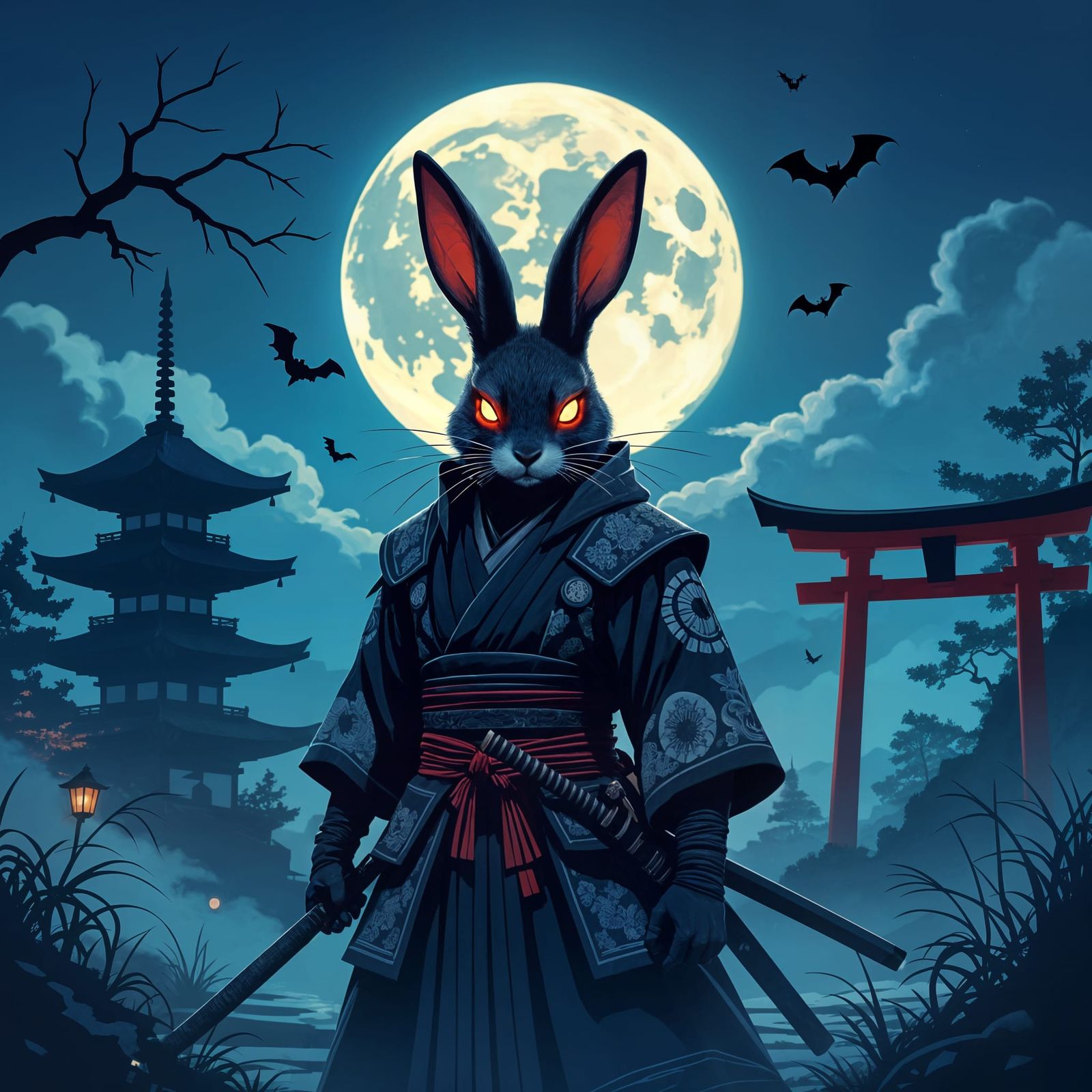 Mysterious Ninja Rabbit Under Moonlit Shadows