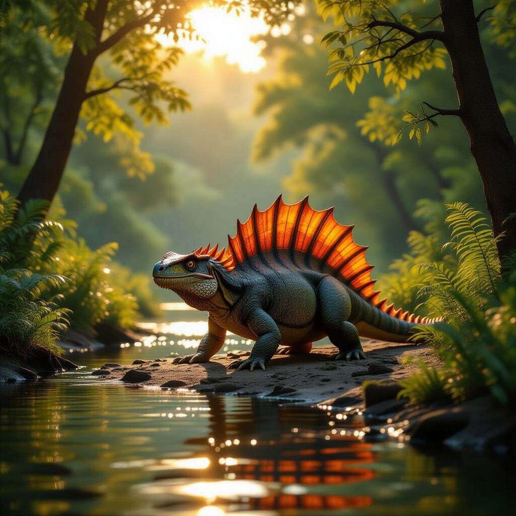 Photorealistic Dimetrodon Basking in Golden Hour Sunlight
