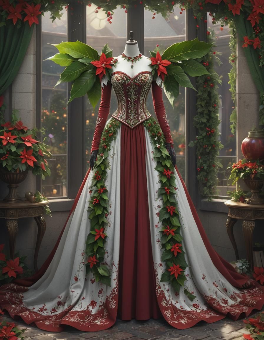 Fantasy Ballgown with Poinsettia and Holly in Digital Art