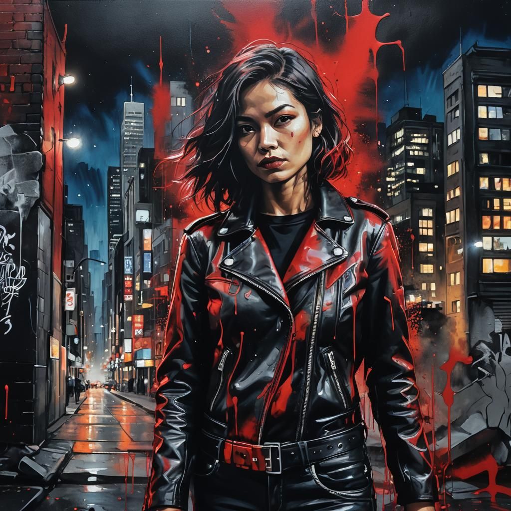 Woman in Leather: Vibrant Street Art at Night