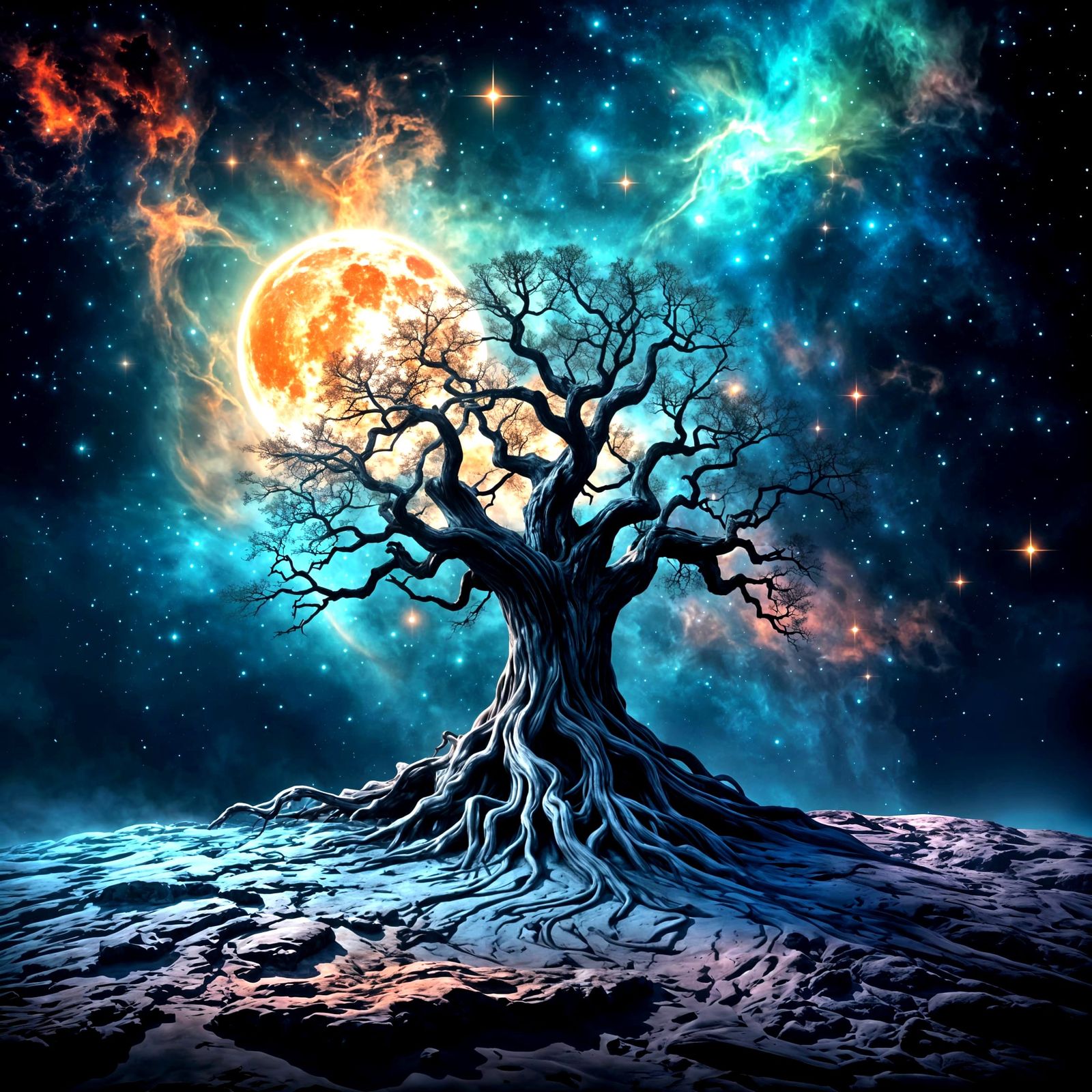 Ancient Cosmic Tree on Moon, Nebula Background
