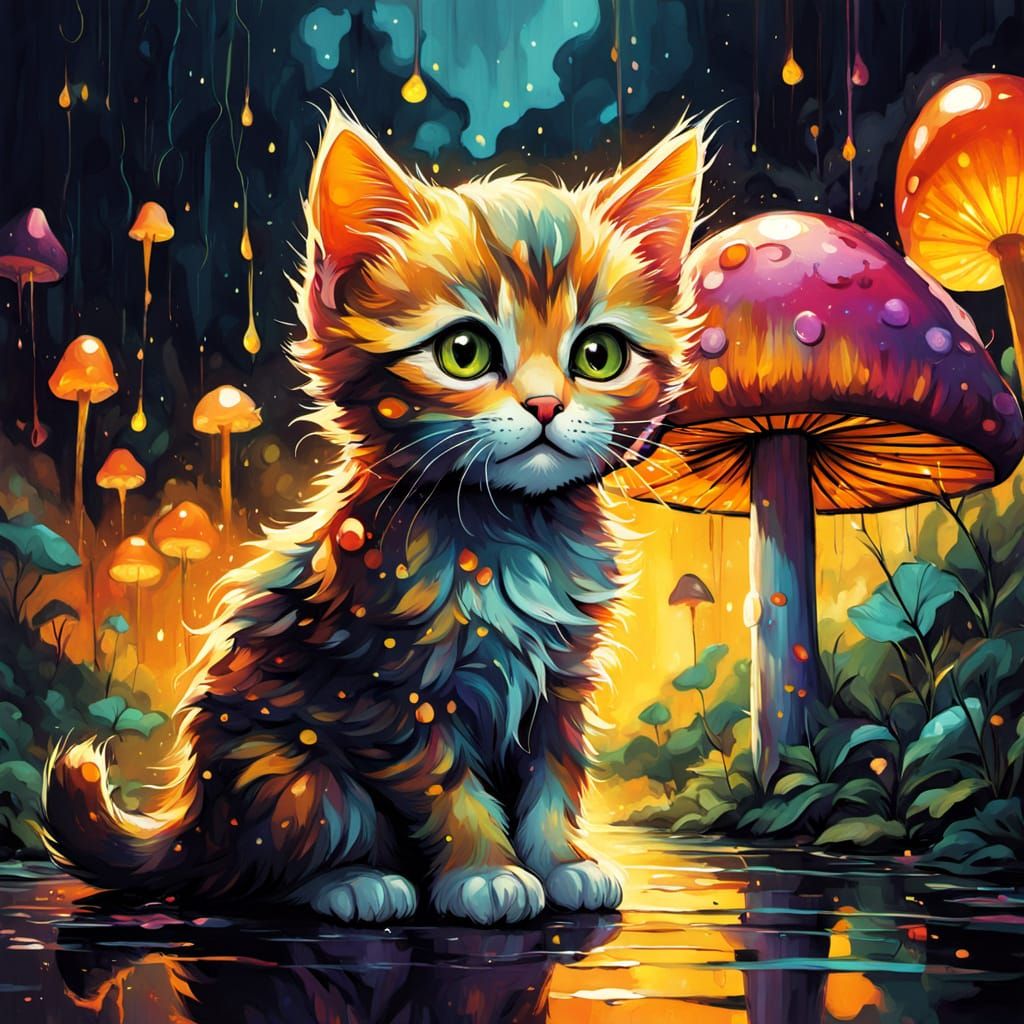Whimsical Kitten Under Glowing Mushroom in Rainy Fantasy