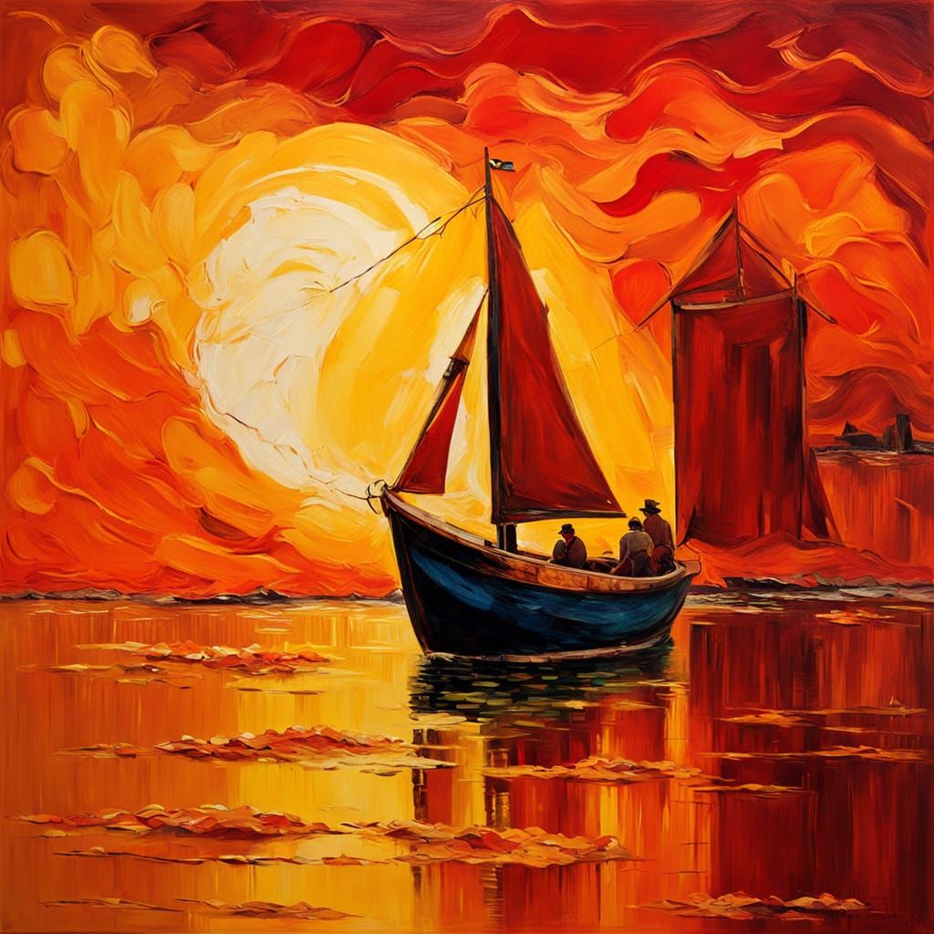 Neo-Impressionist Oil Painting of Boat on Red Wine