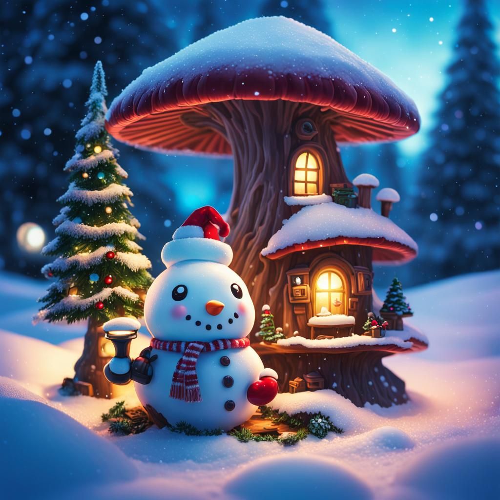 Snowman and mushroom house