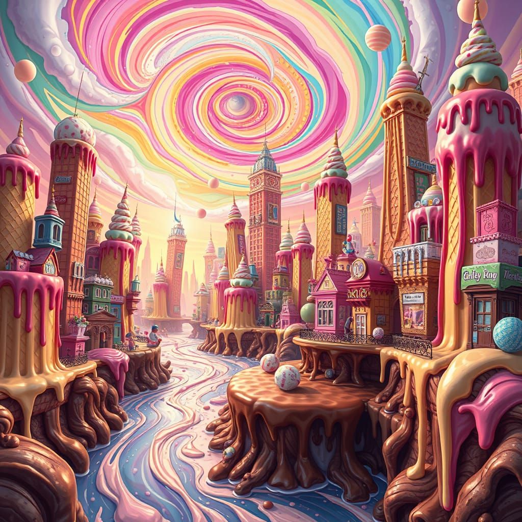 Whimsical City of Sweet Delights in Vibrant, Gouache-Style C...
