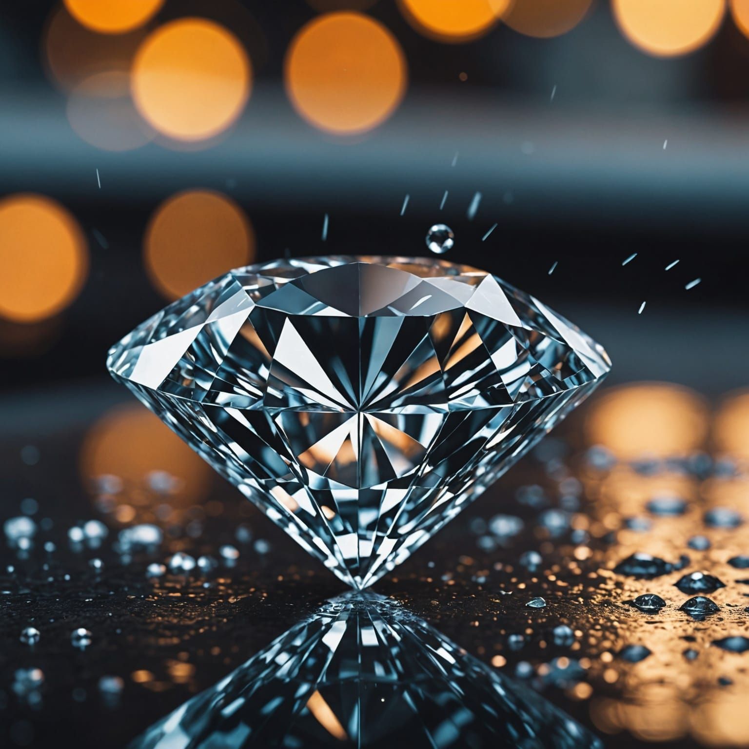 Hyperrealistic Diamond Reflecting Rainwater