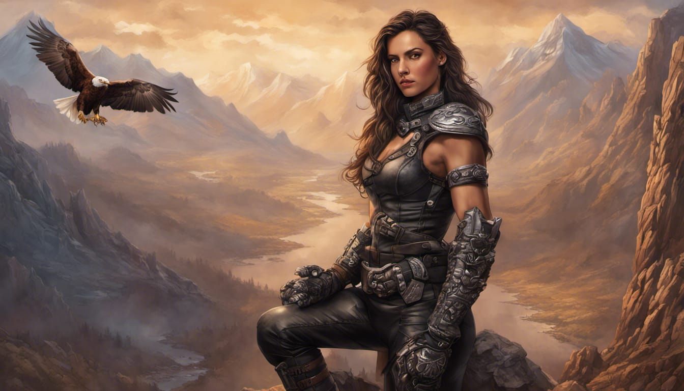 Warrior Woman with Eagle in Fantasy Landscape