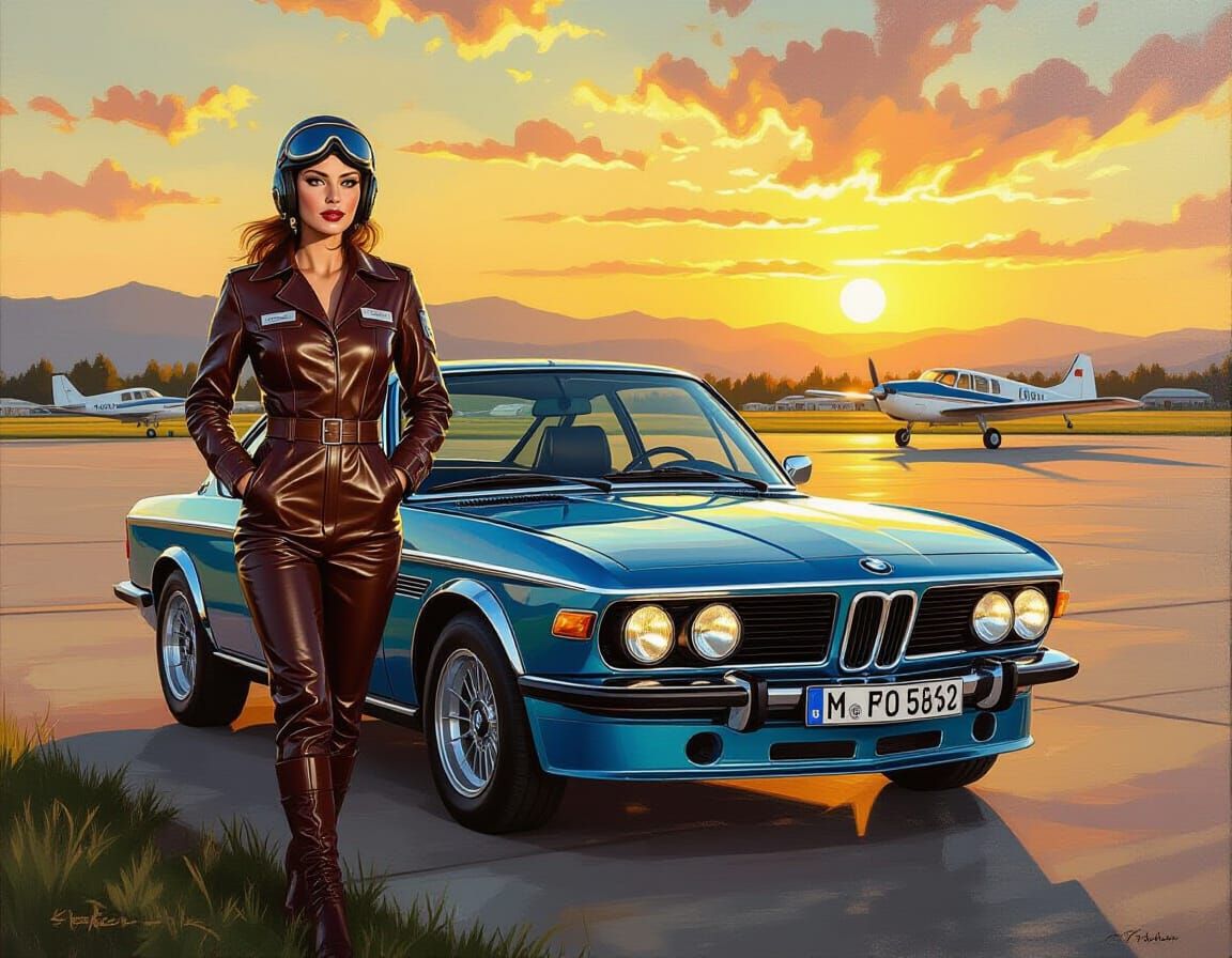 Glamorous Pilot Beside Vintage BMW at Sunset