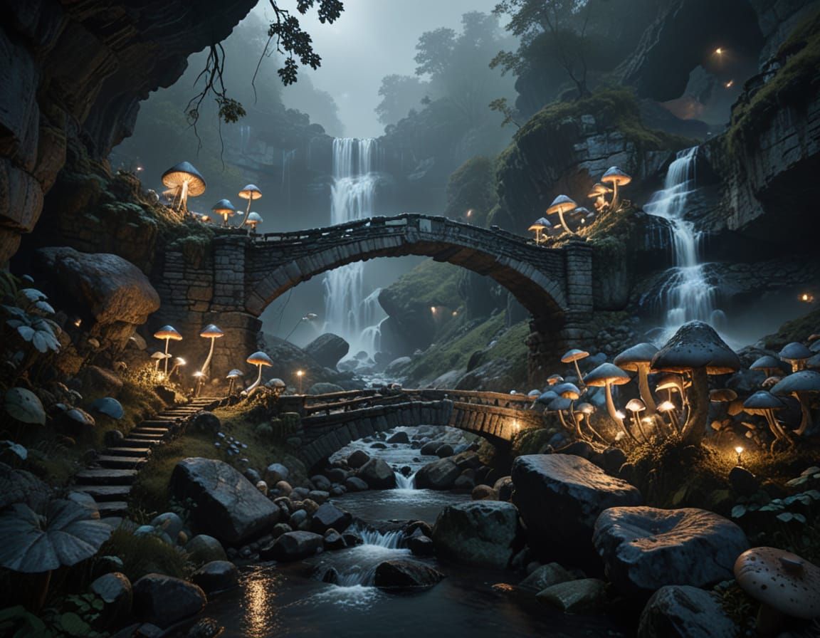 Sweeping Stone Bridge in a Misty, Moonlit Gorge