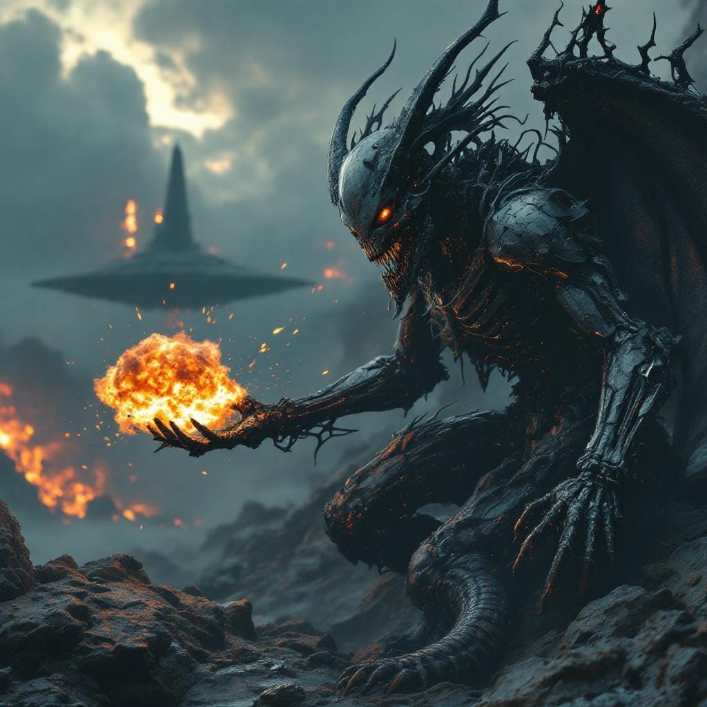 Creepy Cyborg Gargoyle with Fiery Explosion