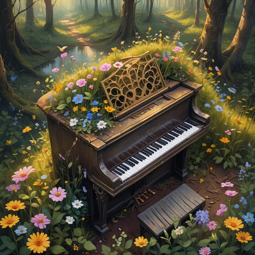 Wildflowers Bloom on Abandoned Piano in Oil Painting Style