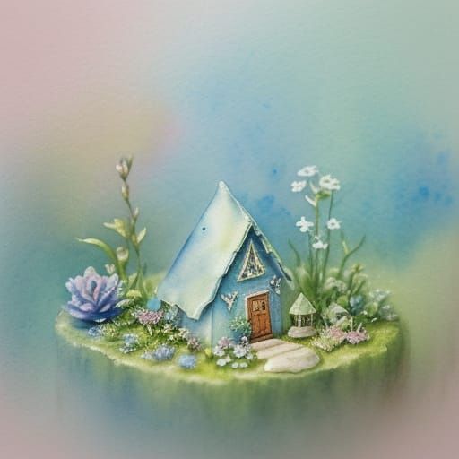 Whimsical Tiny Triangular House in Watercolor Style