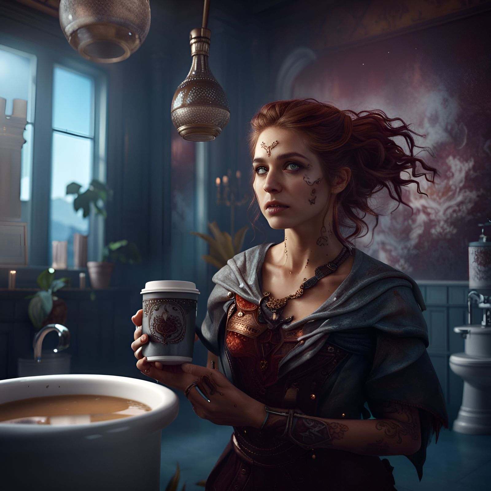 Girl with Coffee: Detailed Matte Painting