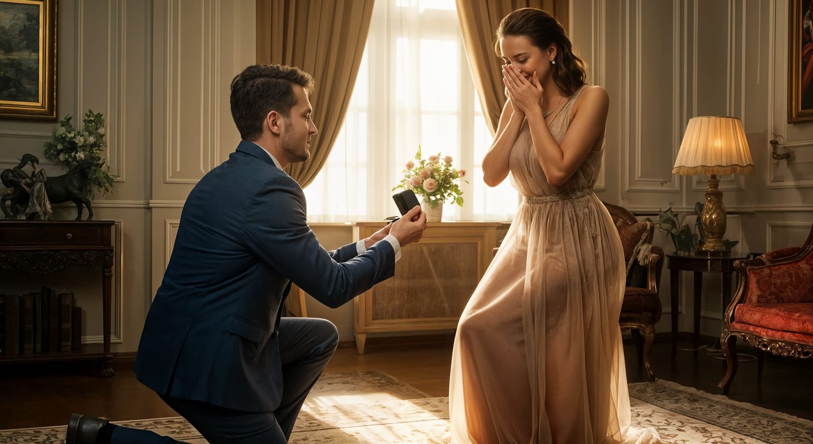 Man Proposes to Woman in Luxurious Living Room