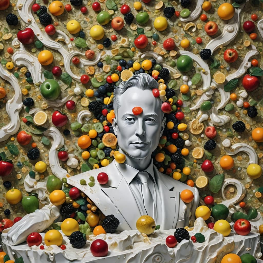 Impasto Still Life: Fruit, Tesla, and Elon Musk