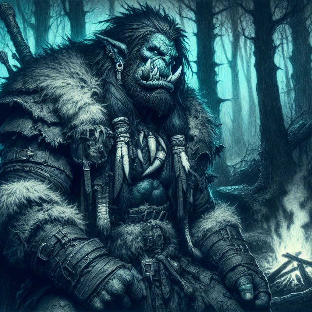 Blue Orc Warrior in Moonlit Forest, Charcoal Art