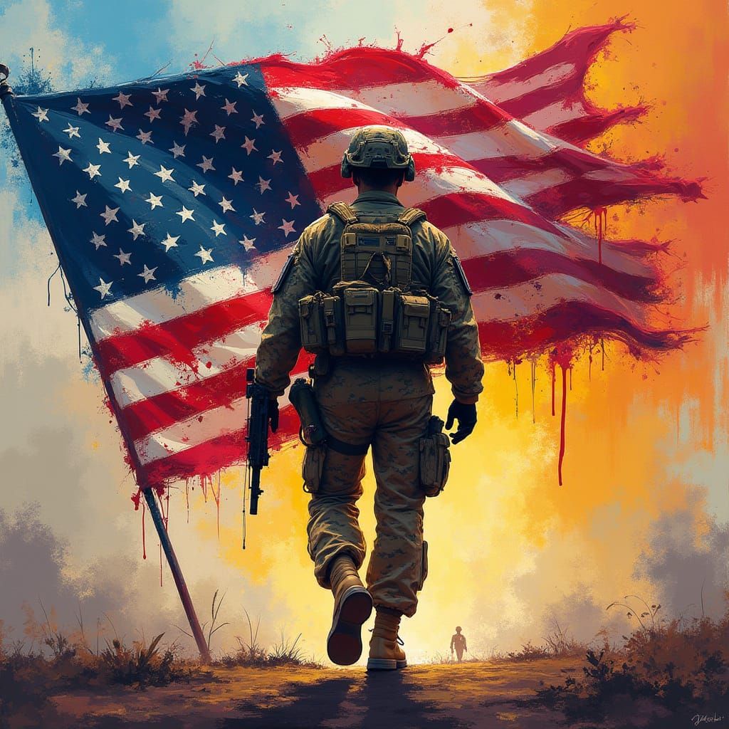 Marine in Combat Gear with US Flag, Hyperrealistic Concept A...