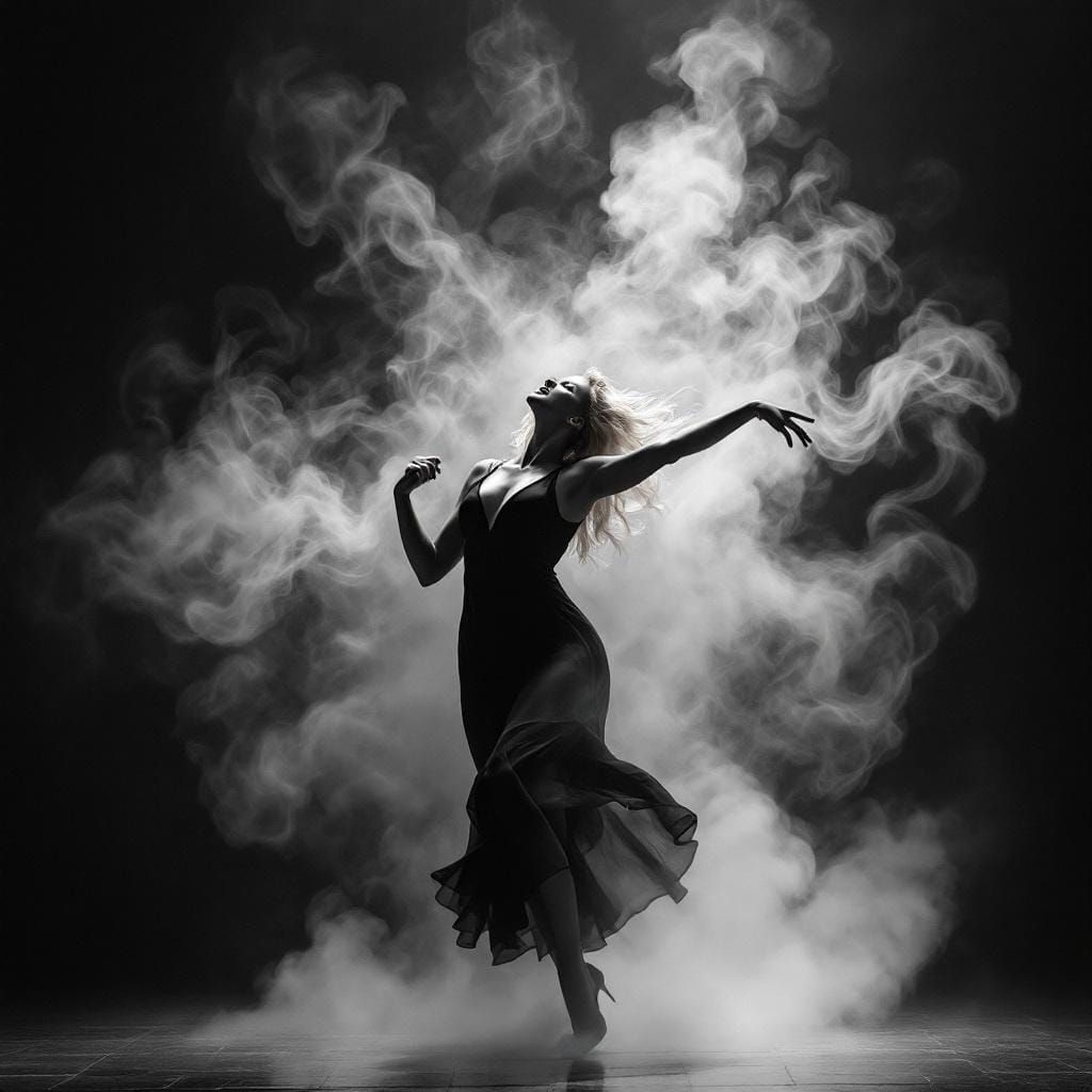 Woman Dancing in Smoke, Black and White Photo