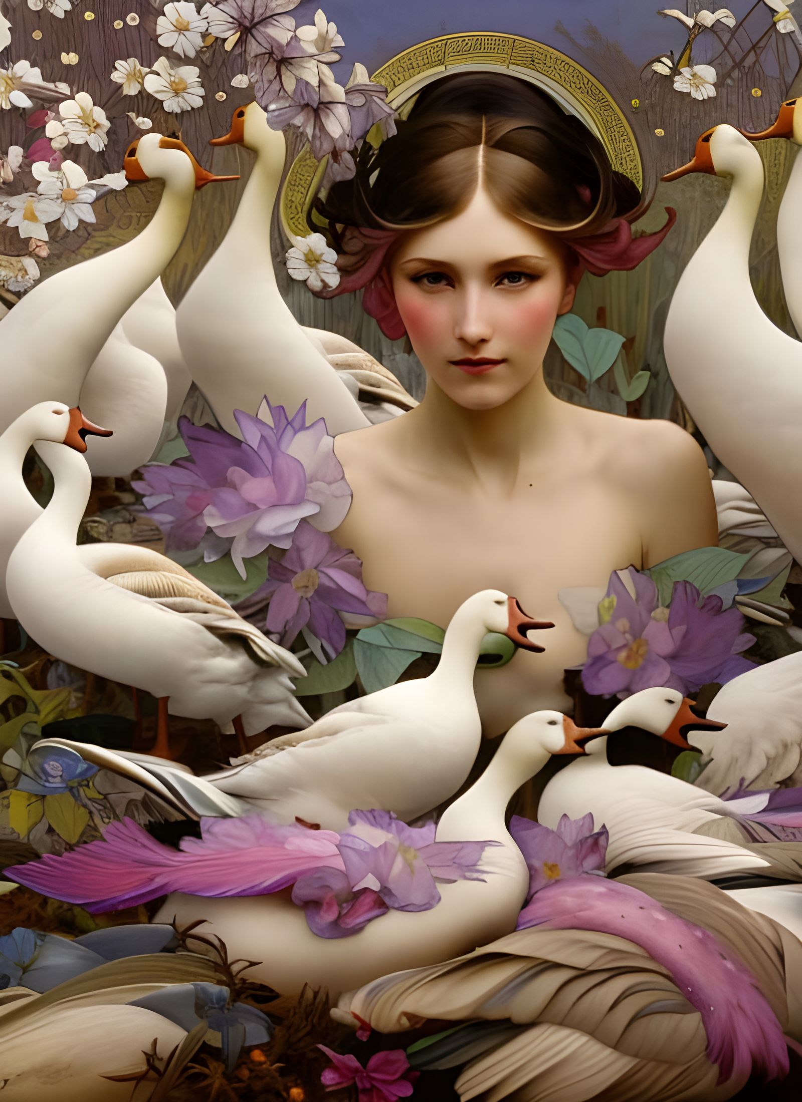 Six Geese Laying: Art Nouveau Matte Painting