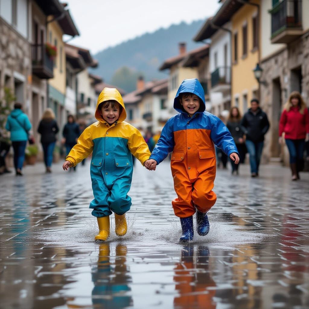 Children Splashing in Puddles: Cinematic Village Scene