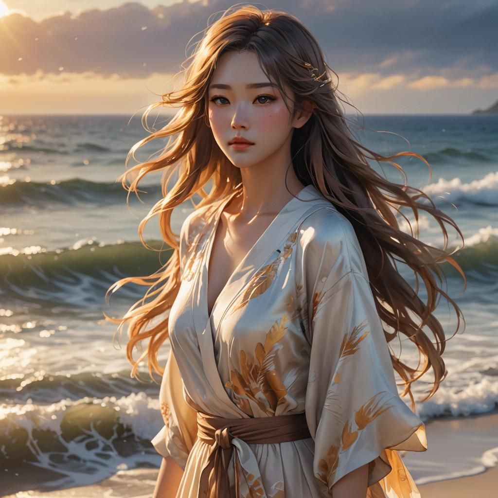 Stunning Woman by the Shore in Anime Style