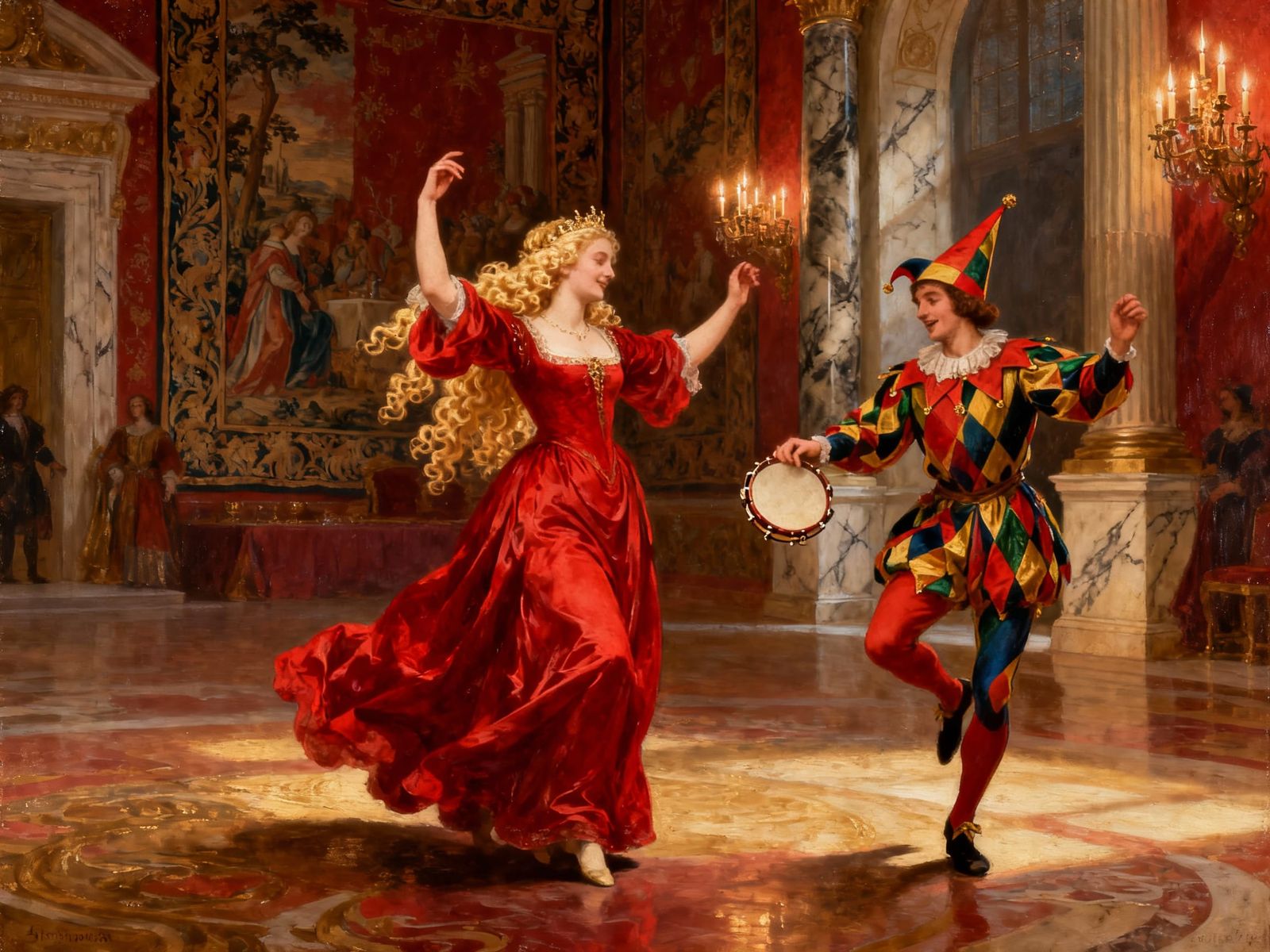 Renaissance Queen Dances with Jester at Royal Court