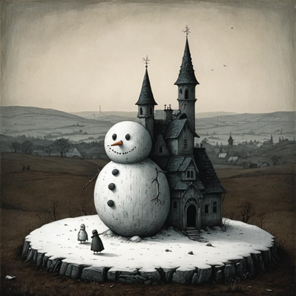 Sad Snowman in Barren Landscape: Gothic Illustration