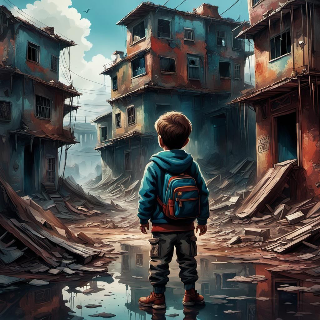 Child Playing in Abandoned Houses: Matte Painting