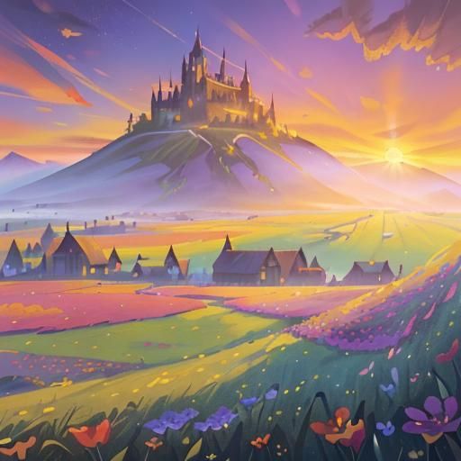 Sunset Over Wildflower Field: Detailed Matte Painting