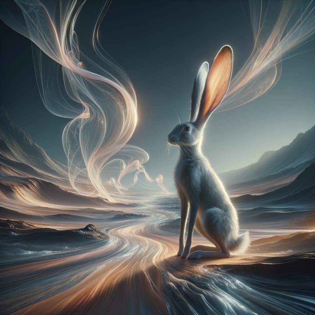 Ethereal Rabbit in Abstract Landscape with Light Streams
