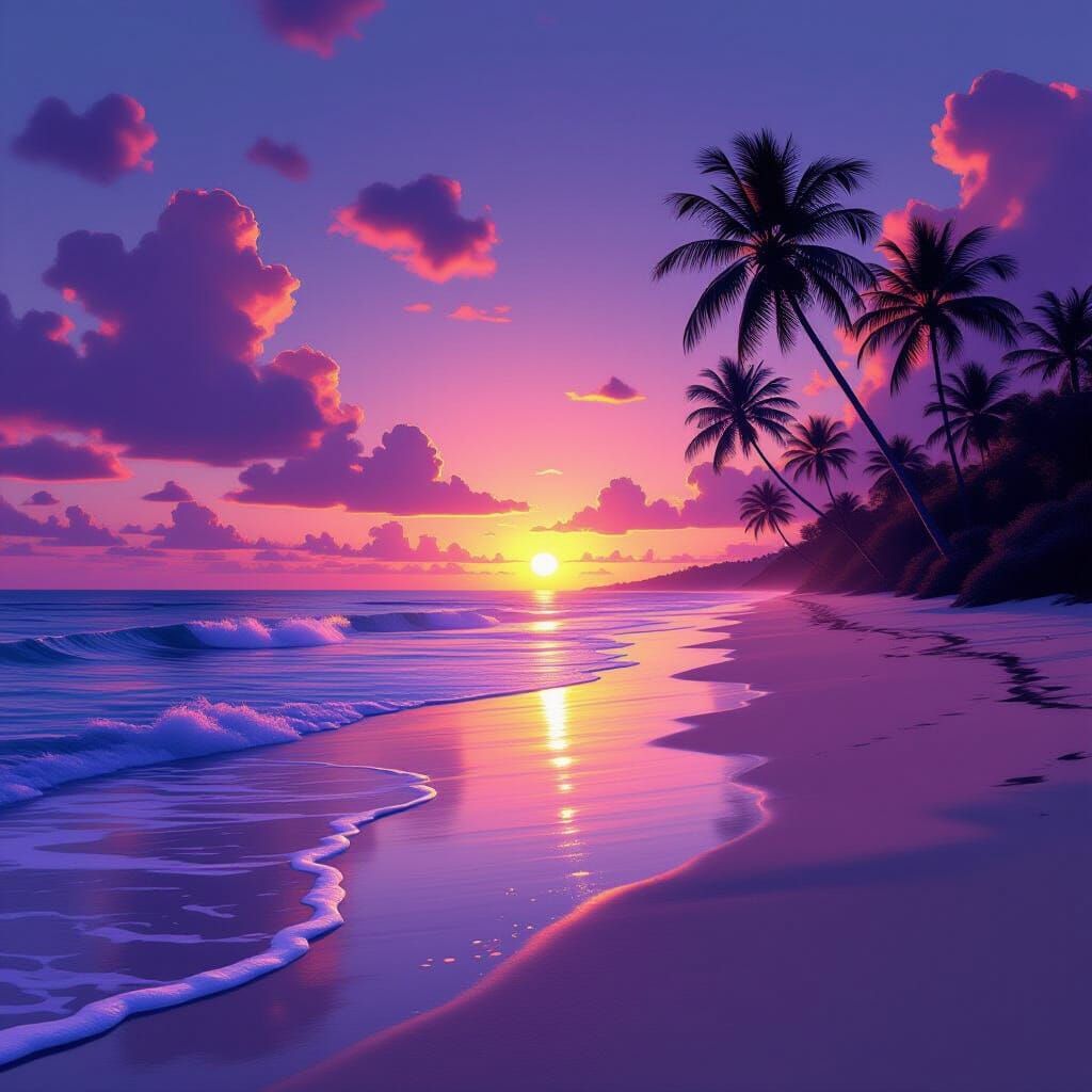 Hyperrealistic Sunset Beach with Silhouetted Palms