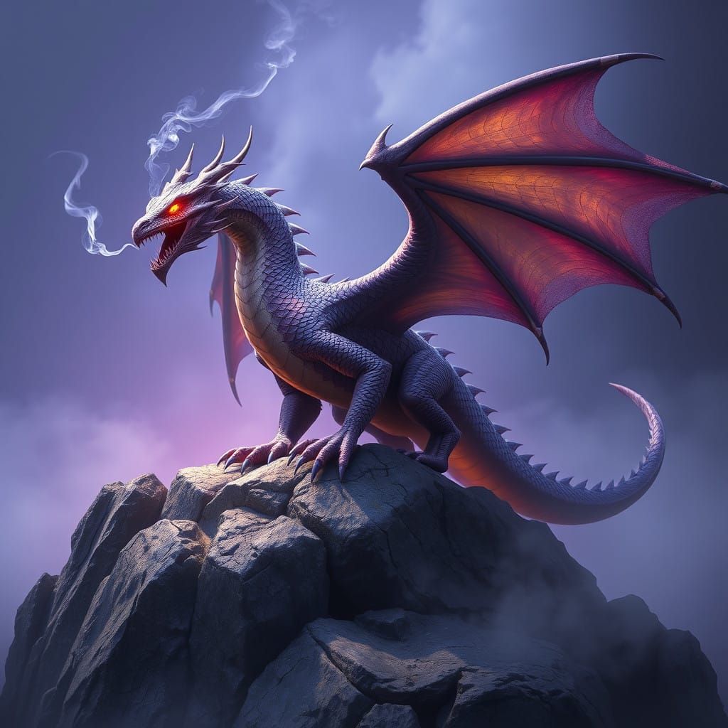 Cyberpunk-Style Dragon on a Rocky Cliff