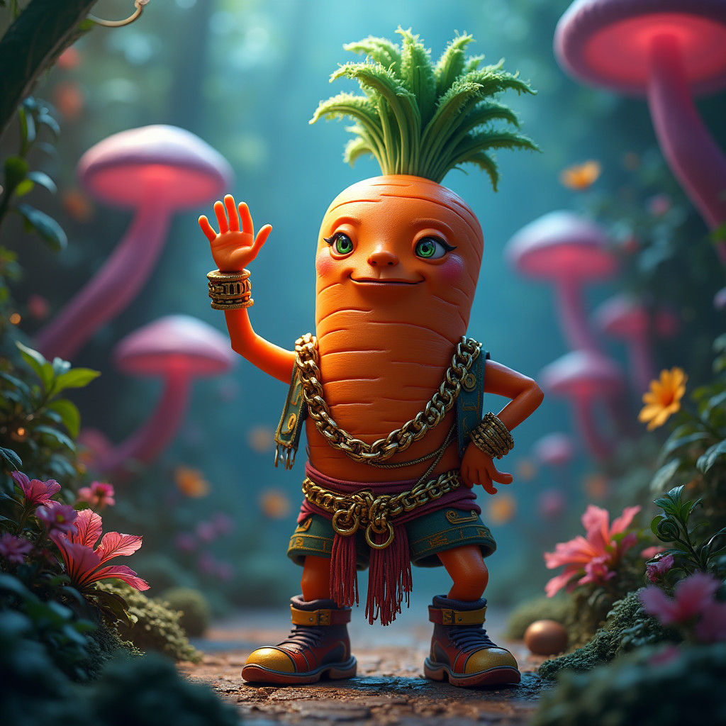 Regal Carrot Rapper in a Dreamlike Environment
