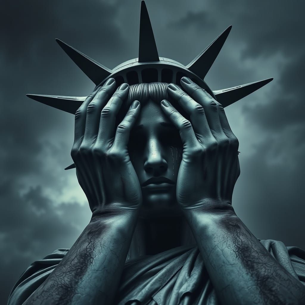 Sorrowful Statue of Liberty in a Dark Stormy Atmosphere