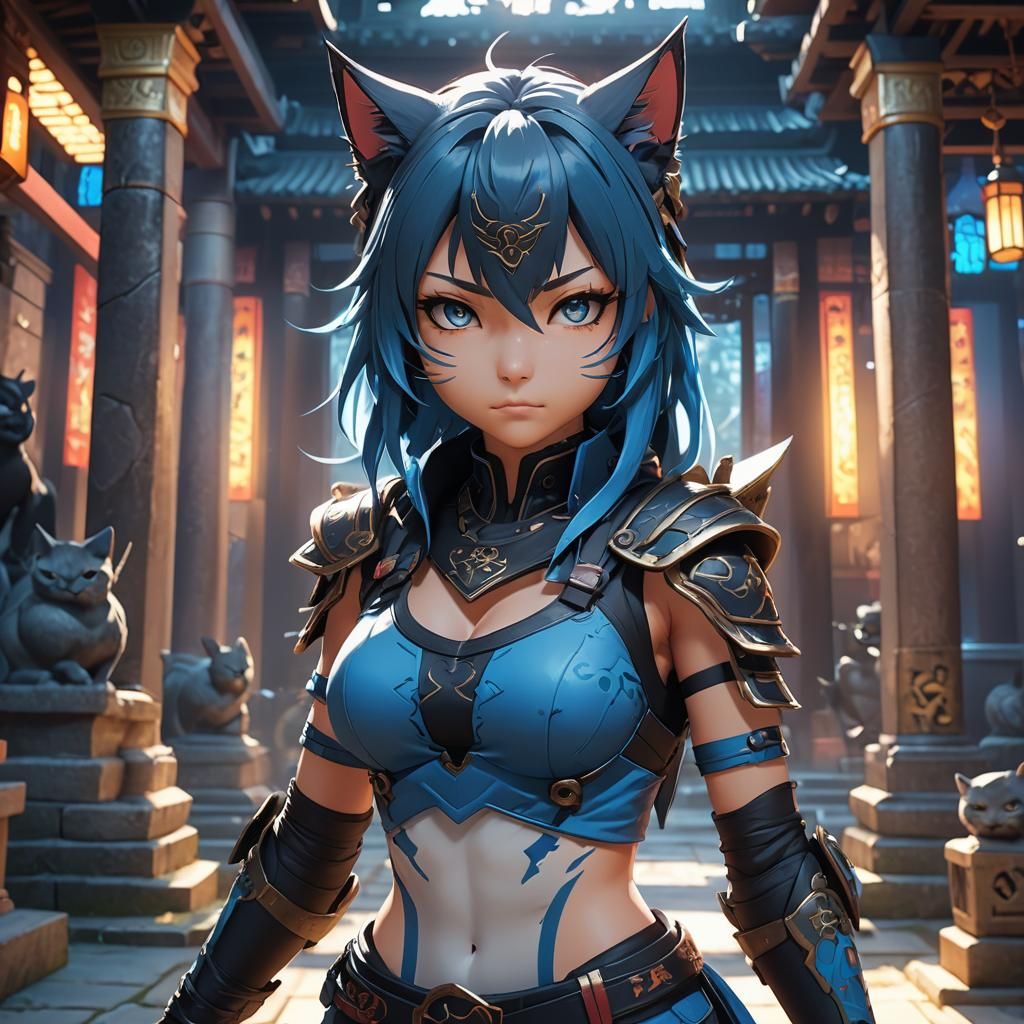 Anime Cat Girl Ninja in Mystical Temple