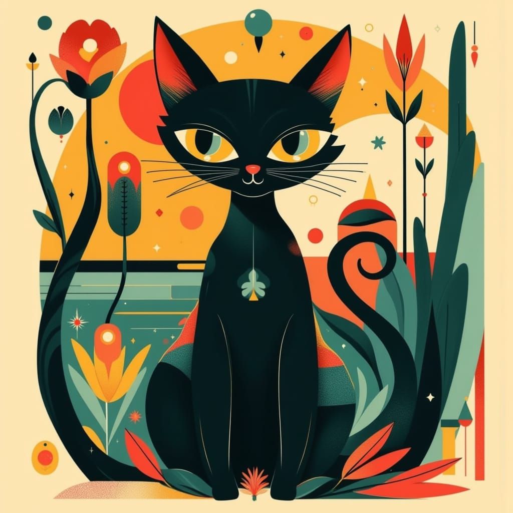 Stylized Black Cat with Yellow Eyes in Vintage Poster Style