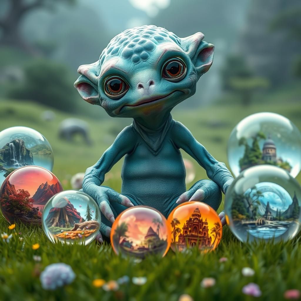 Alien Creature in Meadow of Miniature Worlds