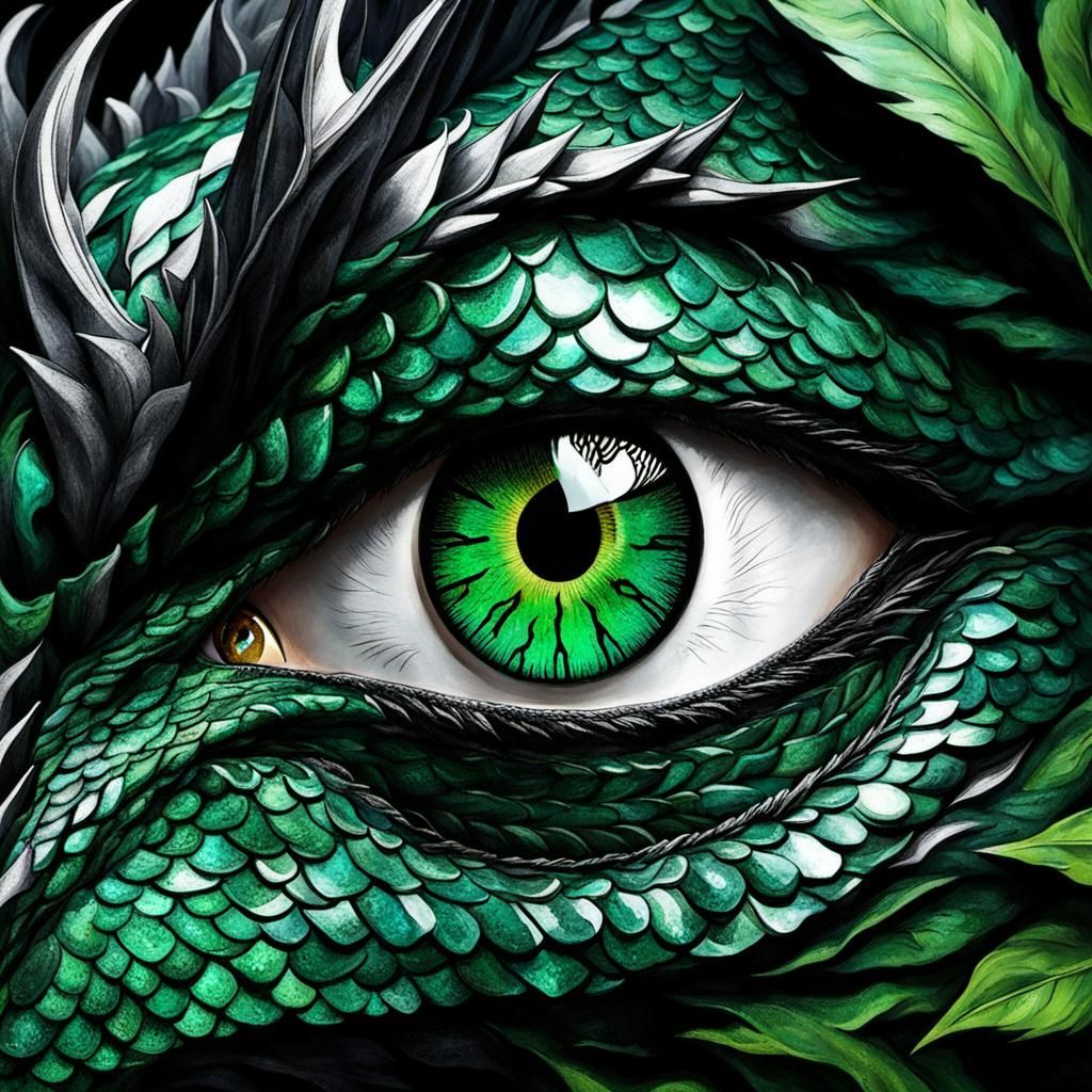 Dragon's Emerald Eye Reflecting Distant Forest