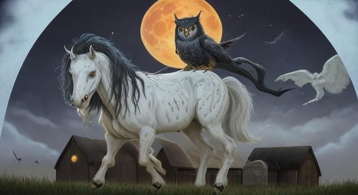 owl and also a ghost horse occult spooky 13 layers high detail ghouls goblins witches harvest moon large dairy barn demo...