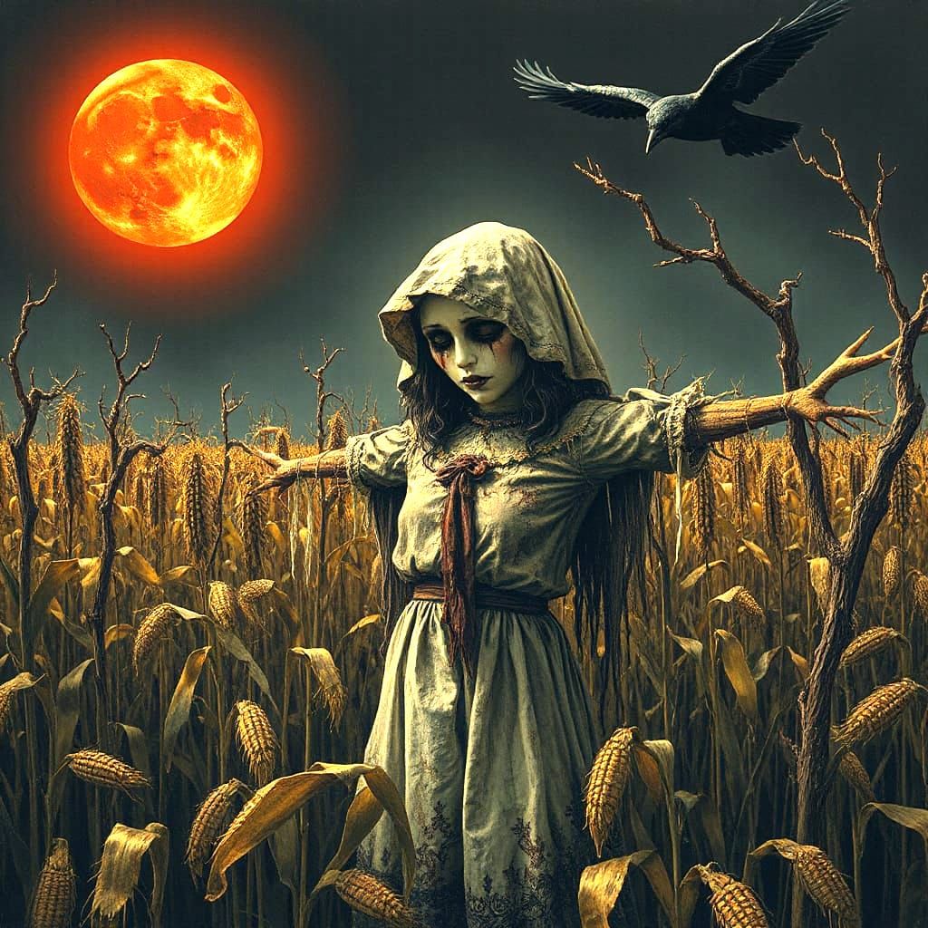 Sorrowful Scarecrow Maiden Under Blood-Red Moon