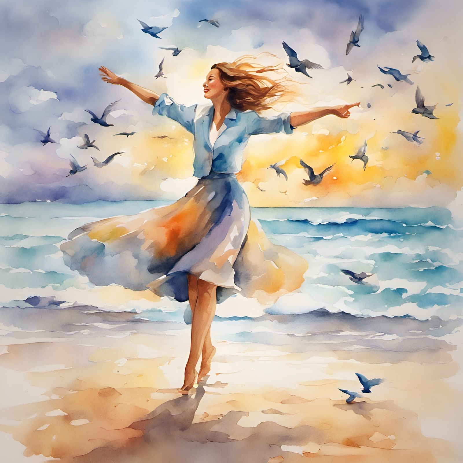 Cheerful Woman Dancing on Beach: Watercolor Painting