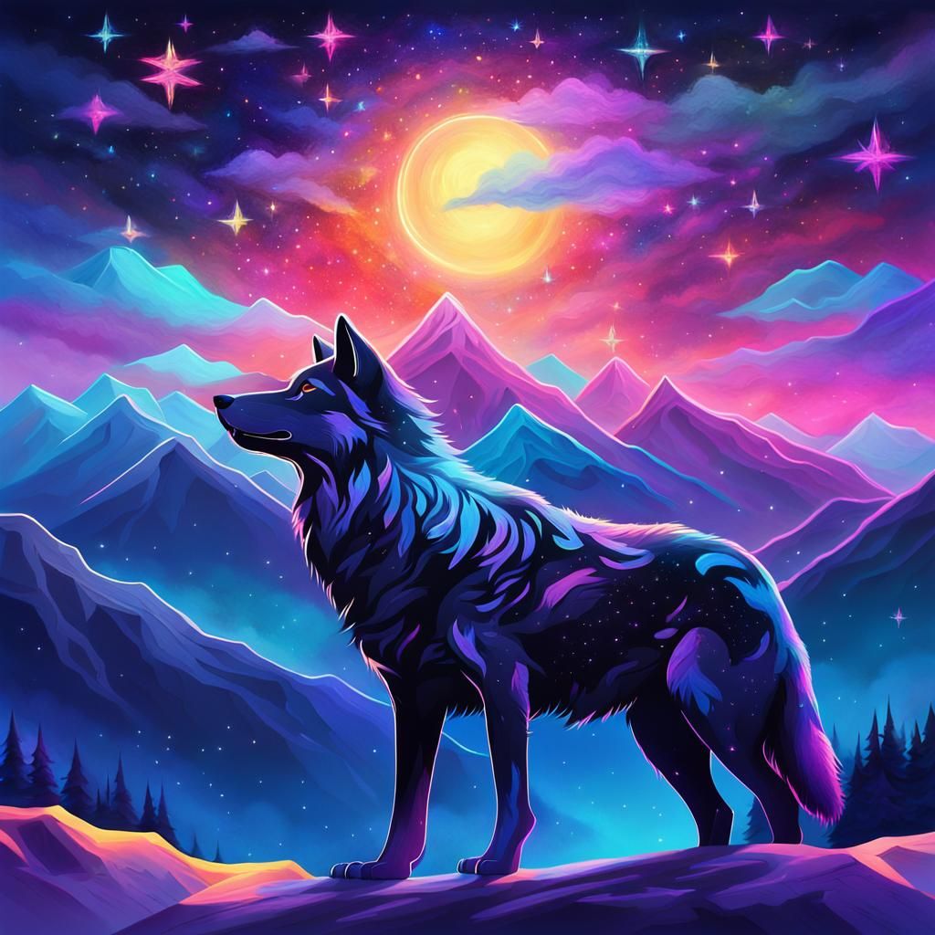 Cosmic Black Wolf on Starry Peak in Oil Painting Style
