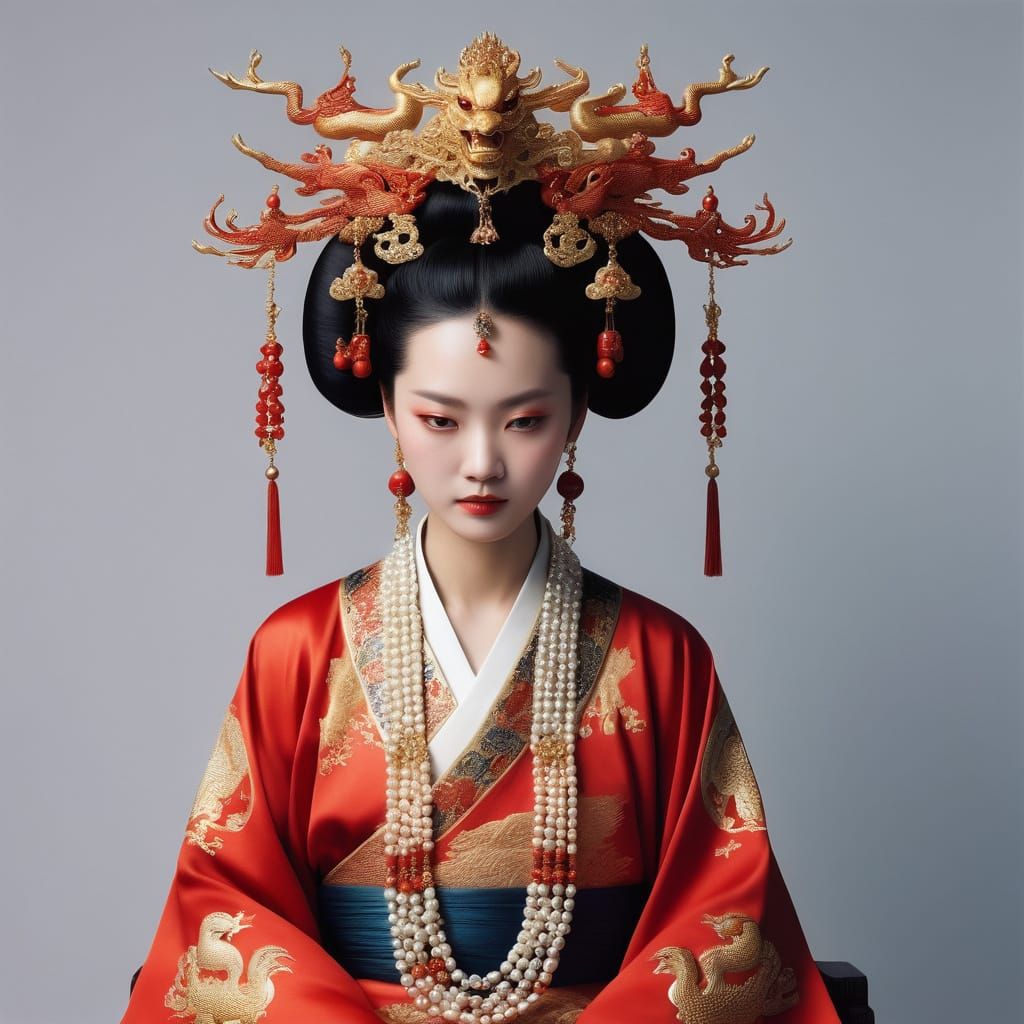 Ancient Empress on Jade Throne in Red Dragon Robe