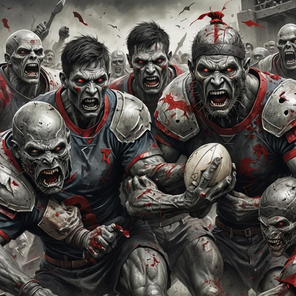 Zombie Rugby Players Clash on Battlefield: Pencil Sketch