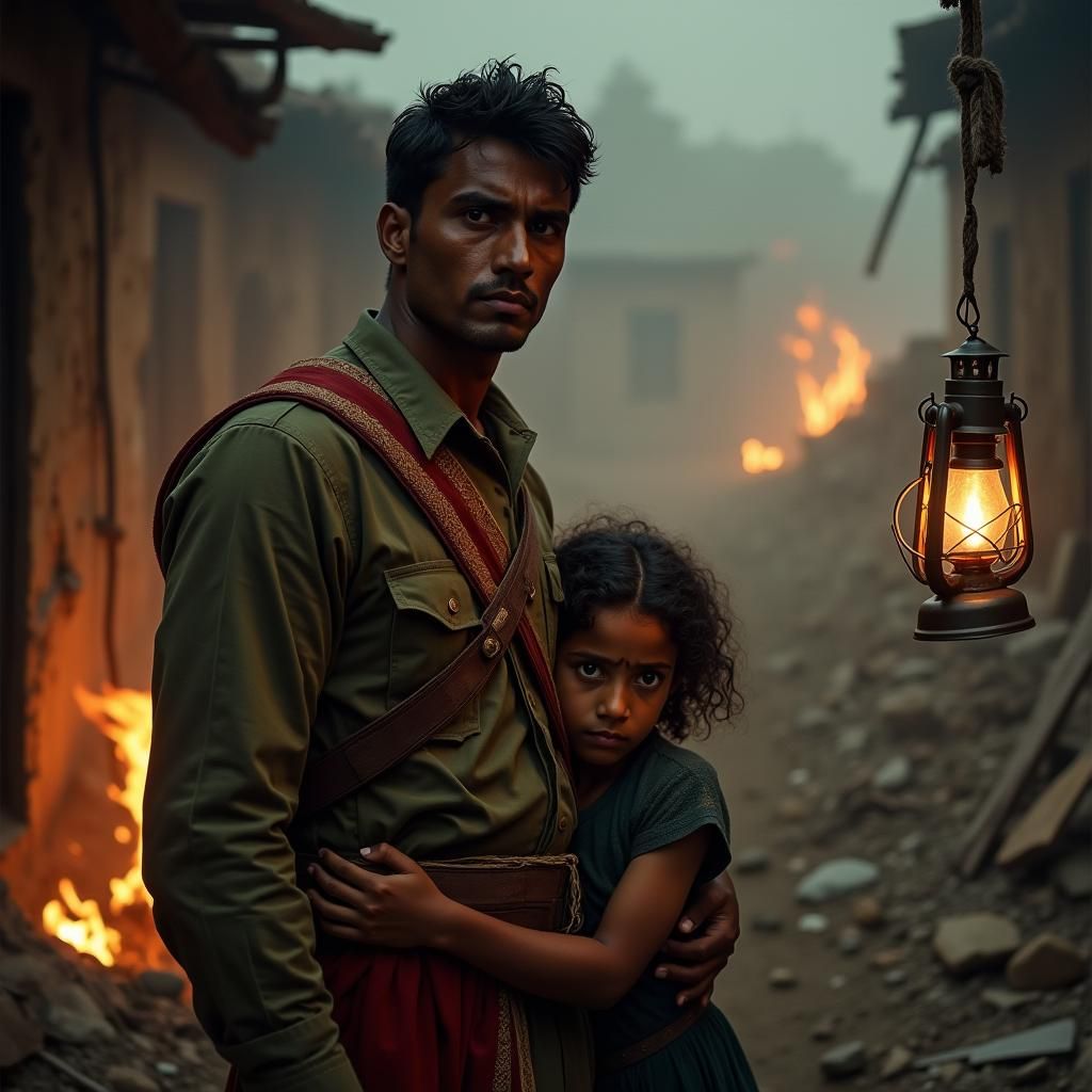 Indian Soldier in War-Torn Village, Cinematic Style
